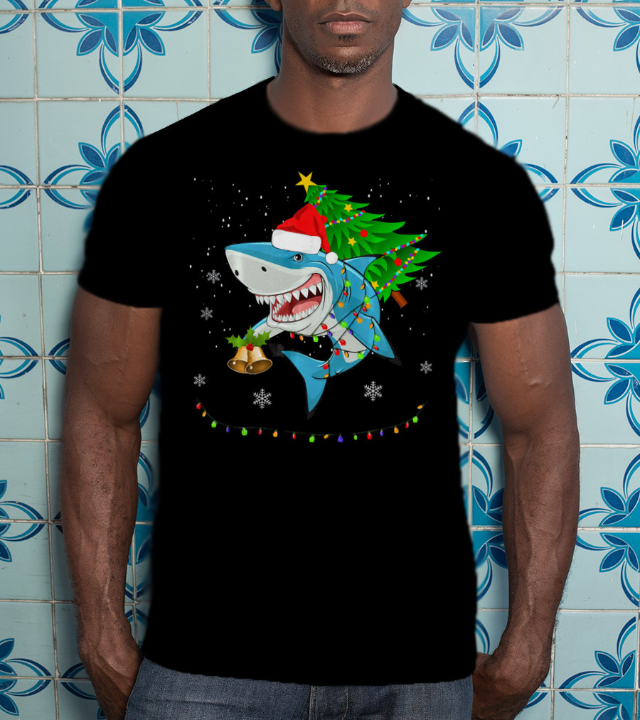 Shark Christmas Tree Santa Hat Holiday Lights Snowflakes T-Shirt