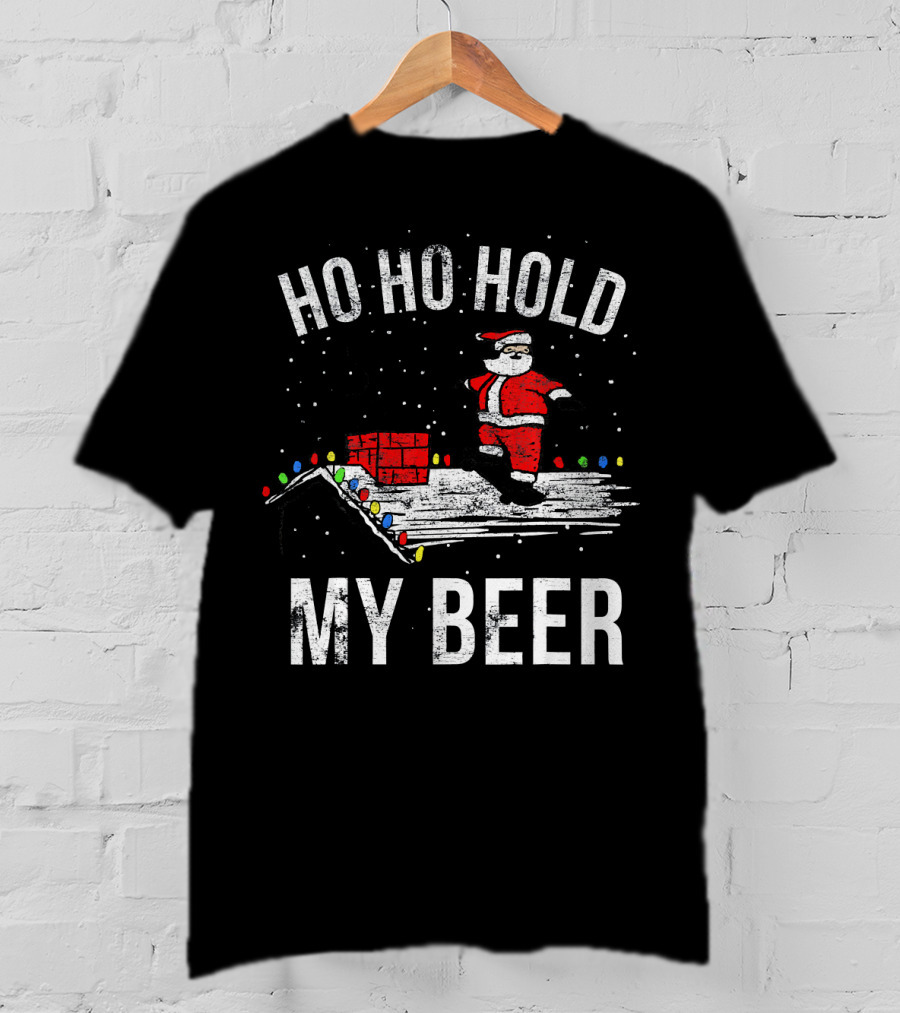 Ho Ho Hold My Beer Santa Skateboarding On Roof With Lights T-Shirt