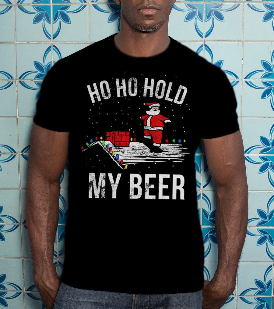 Ho Ho Hold My Beer Santa Skateboarding On Roof With Lights T-Shirt