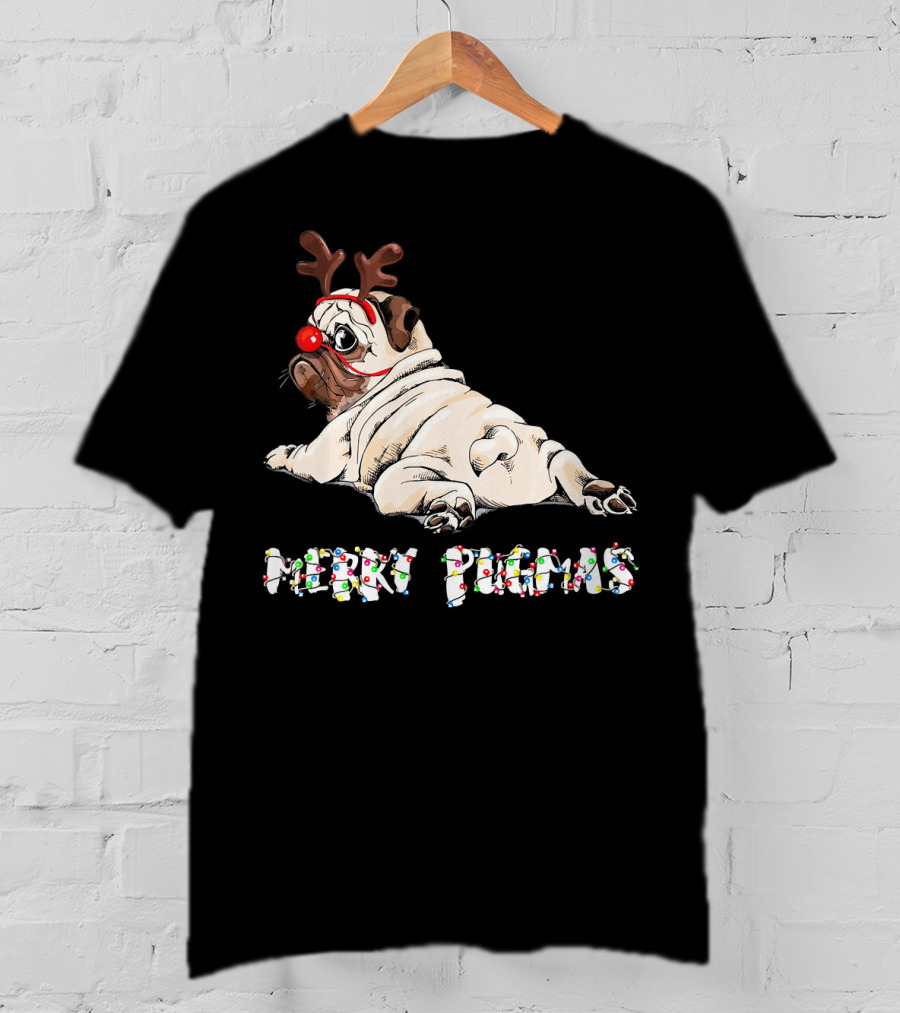 Merry Pugmas Christmas Reindeer Pug With Festive Lights For Dog Love T-Shirt