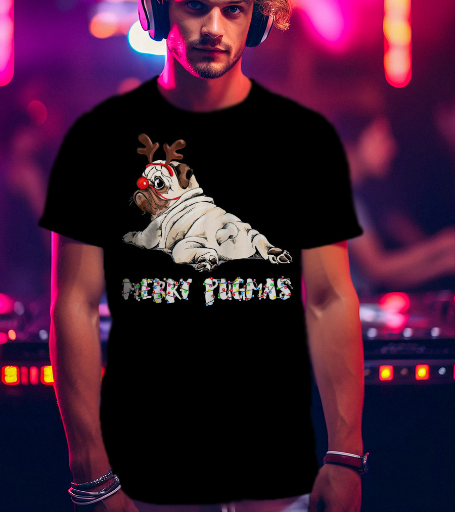Merry Pugmas Christmas Reindeer Pug With Festive Lights For Dog Love T-Shirt