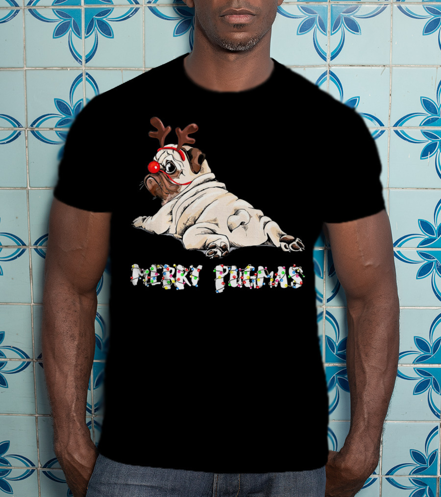Merry Pugmas Christmas Reindeer Pug With Festive Lights For Dog Love T-Shirt