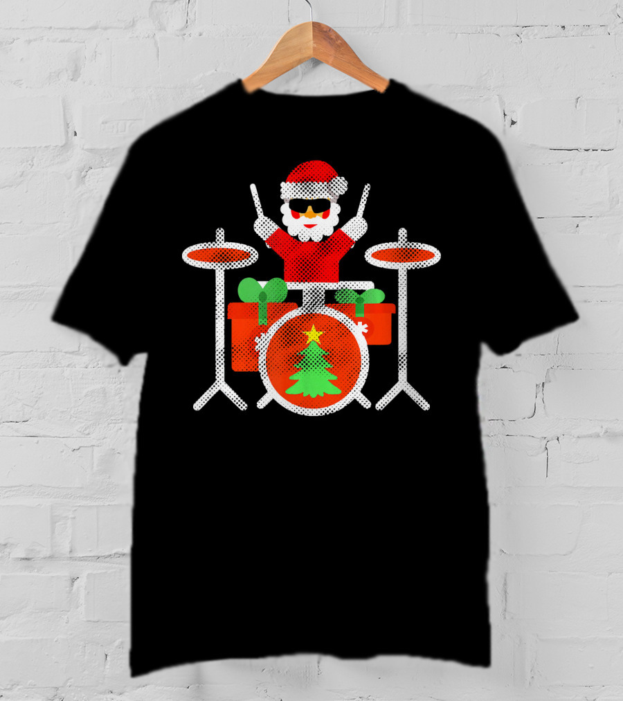 Funny Drummer Santa Christmas Drum Set With Gifts And Tree T-Shirt