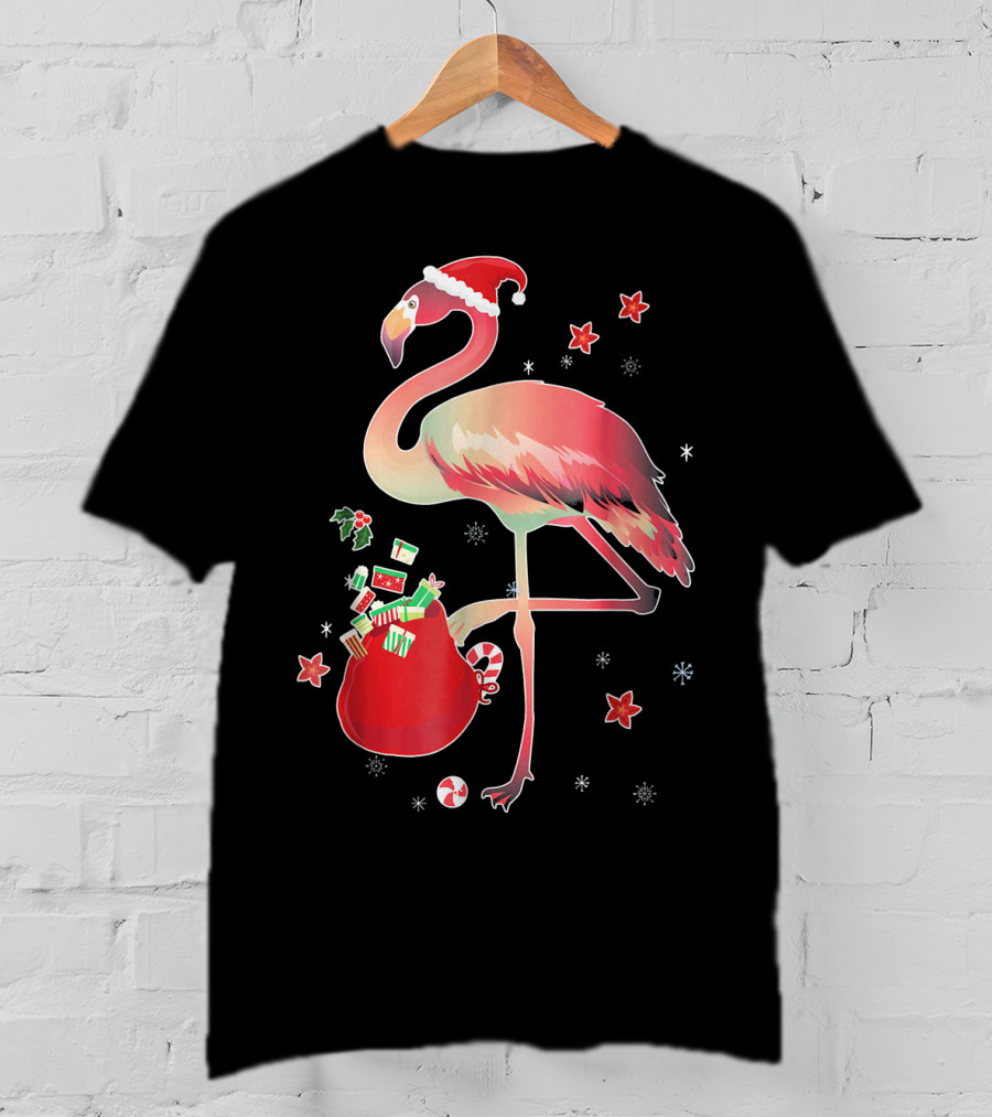 Ugly Christmas Funny Pink Flamingo With Santa Hat And Holiday Gift Bag T-Shirt