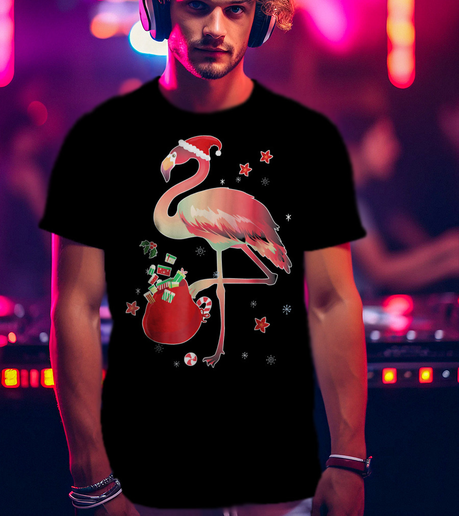 Ugly Christmas Funny Pink Flamingo With Santa Hat And Holiday Gift Bag T-Shirt