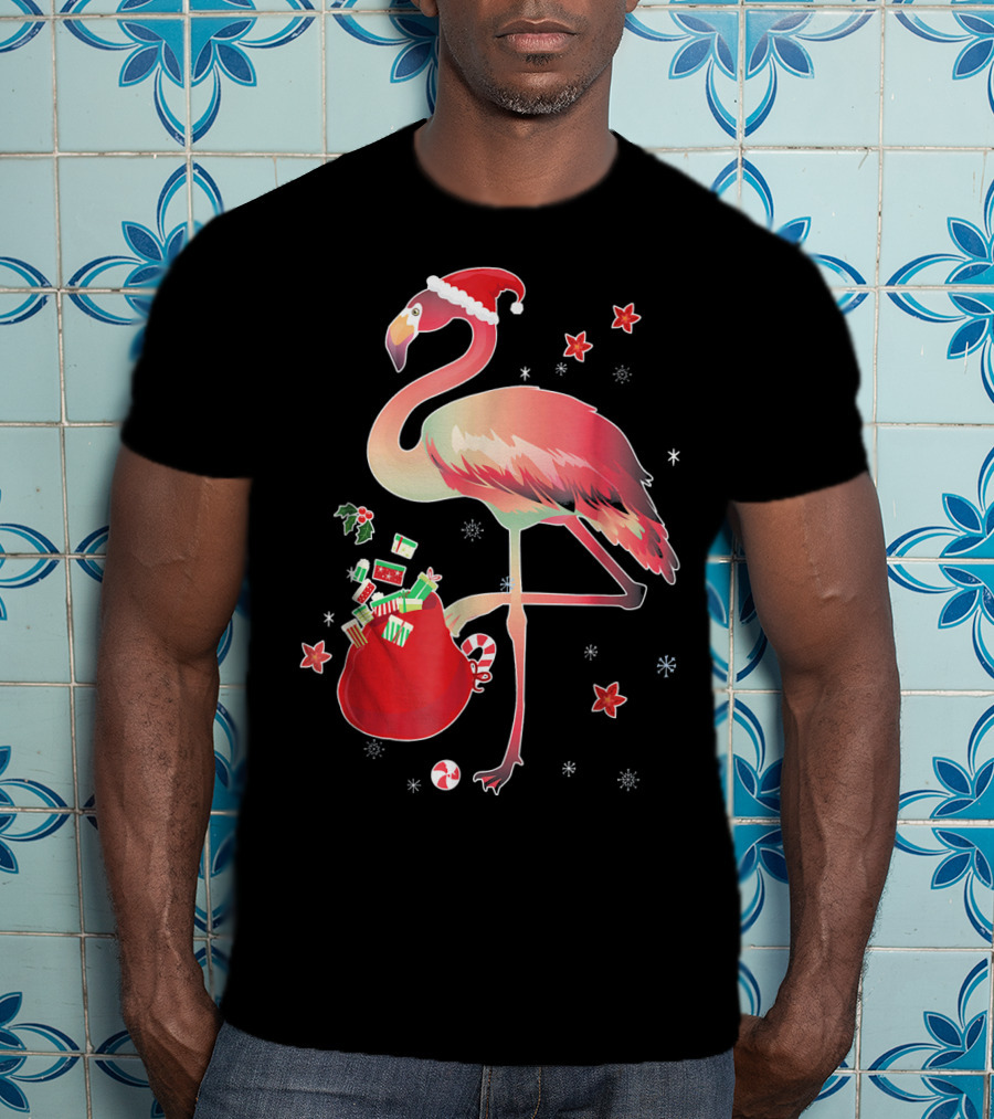 Ugly Christmas Funny Pink Flamingo With Santa Hat And Holiday Gift Bag T-Shirt