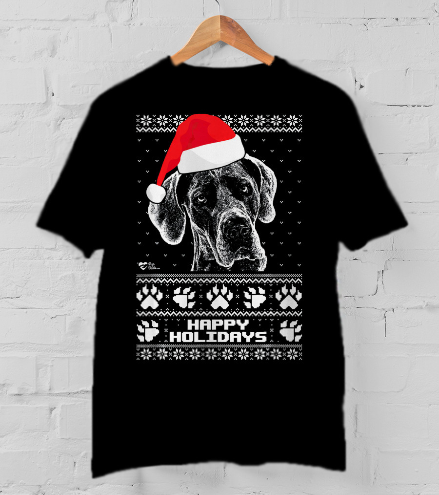 Great Dane Happy Holidays Santa Hat Paw Prints T-Shirt