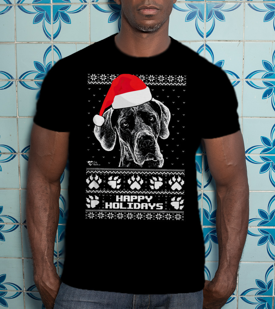Great Dane Happy Holidays Santa Hat Paw Prints T-Shirt