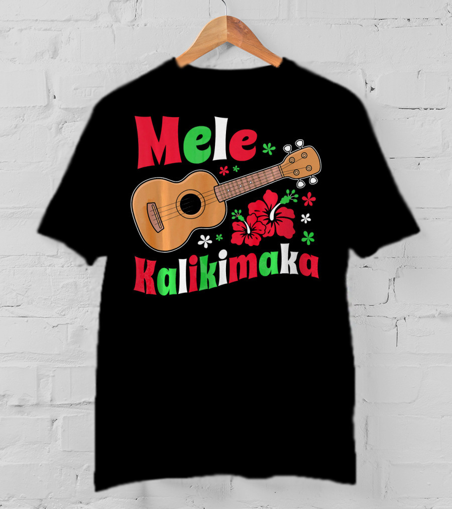 Mele Kalikimaka Ukulele Hibiscus Hawai Christmas T-Shirt