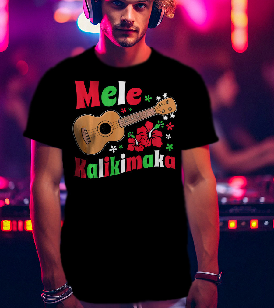 Mele Kalikimaka Ukulele Hibiscus Hawai Christmas T-Shirt