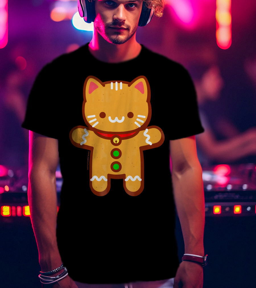 Cute Gingerbread Cat With Whiskers And Red Collar T-Shirt
