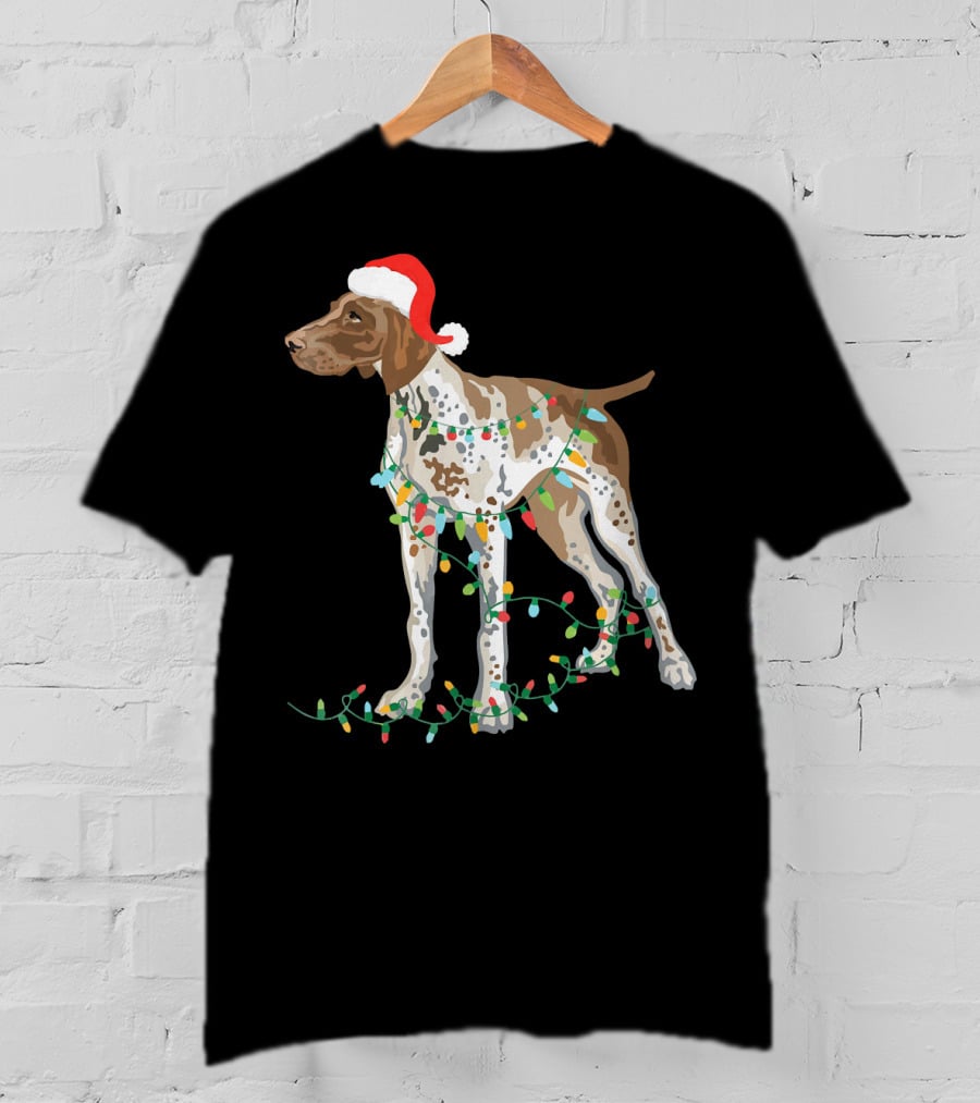 German Shorthaired Pointer Wearing Santa Hat With Christmas Lights Entwined T-Shirt