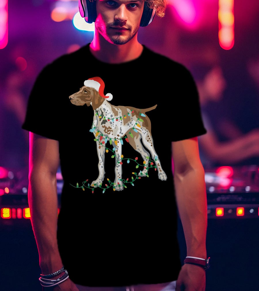German Shorthaired Pointer Wearing Santa Hat With Christmas Lights Entwined T-Shirt