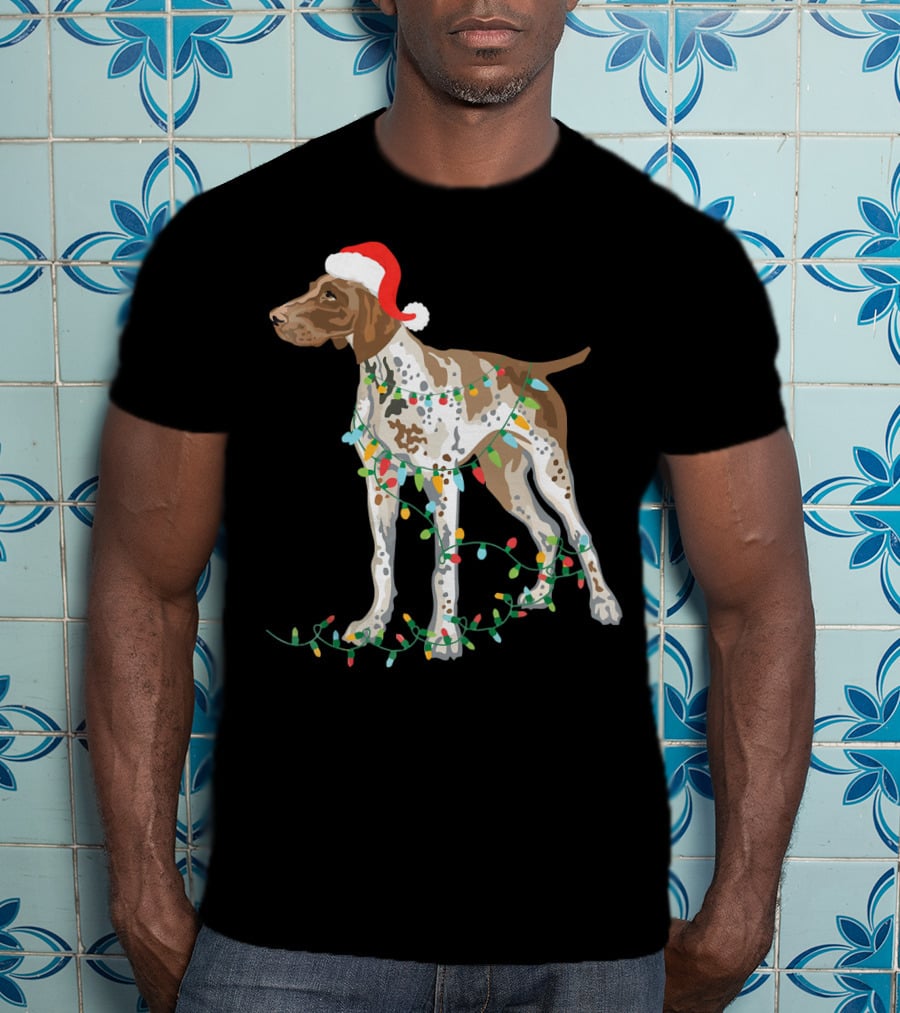 German Shorthaired Pointer Wearing Santa Hat With Christmas Lights Entwined T-Shirt