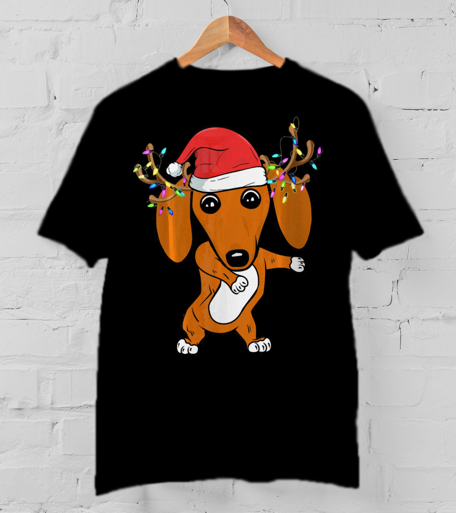 Dabbing Dachshund With Santa Hat And Reindeer Antlers T-Shirt