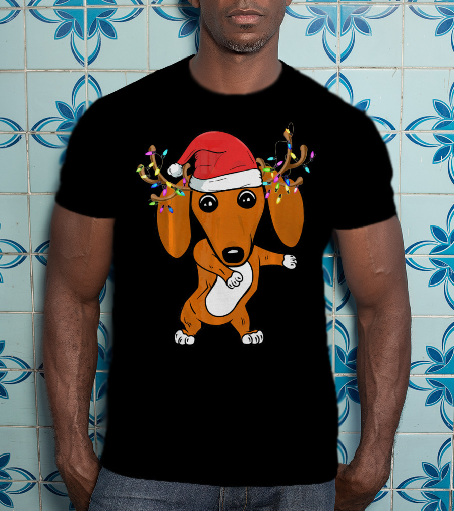 Dabbing Dachshund With Santa Hat And Reindeer Antlers T-Shirt