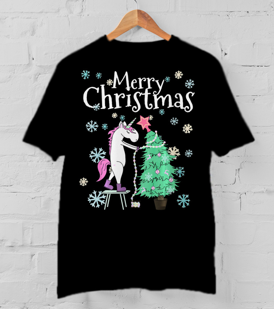 Merry Christmas Funny Unicorn Decorating Christmas Tree T-Shirt