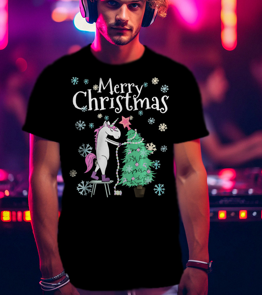 Merry Christmas Funny Unicorn Decorating Christmas Tree T-Shirt
