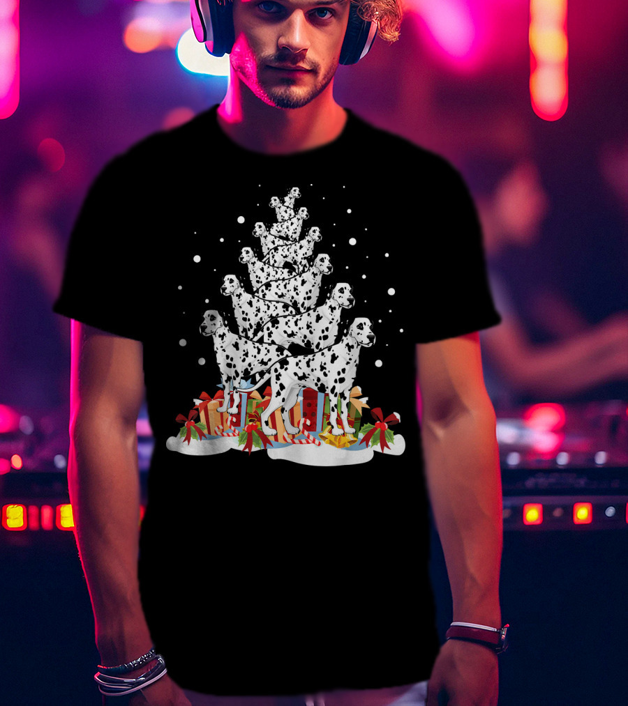 Dalmatian Merry Christmas Tree With Gifts And Snowflakes T-Shirt