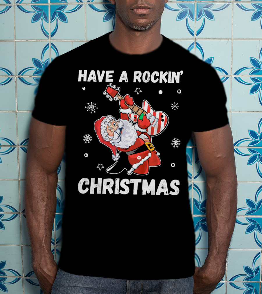 Have A Rockin' Christmas Guitarist Santa With Festive Snowflakes And Stars T-Shirt