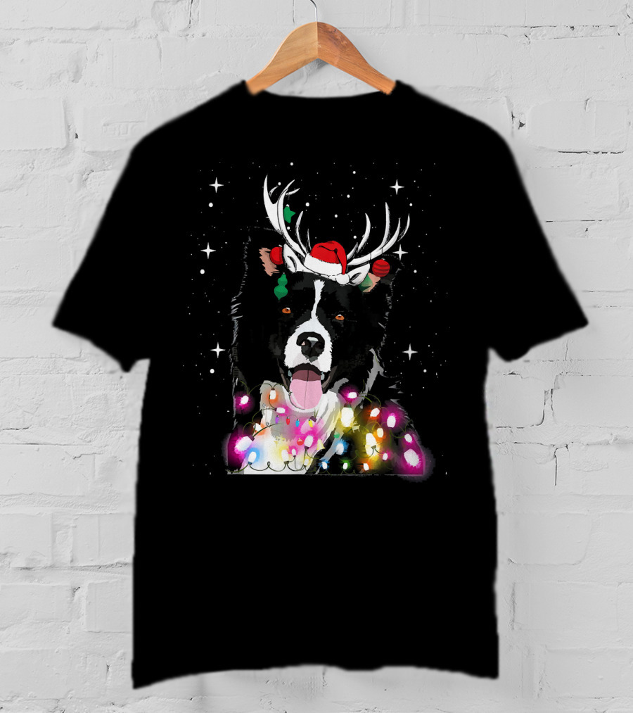 Border Collie In Santa Hat With Reindeer Antlers And Christmas Lights T-Shirt