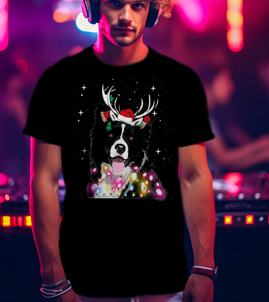 Border Collie In Santa Hat With Reindeer Antlers And Christmas Lights T-Shirt