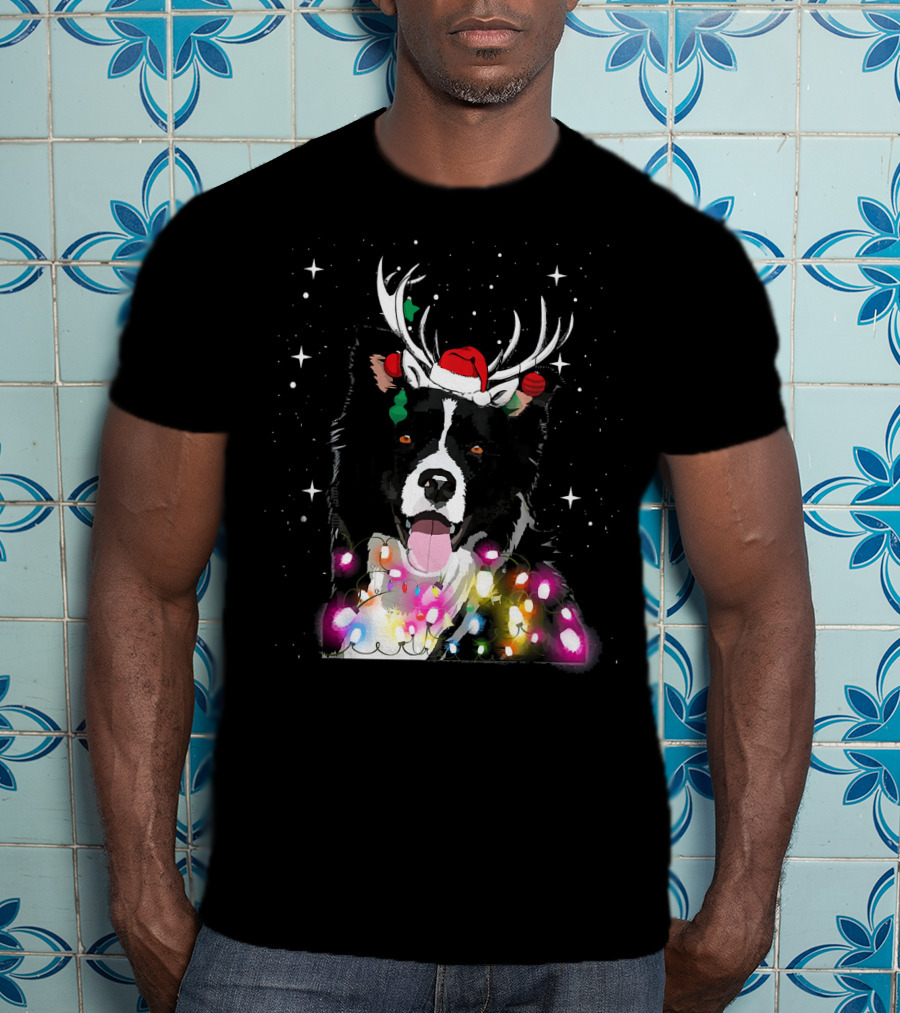 Border Collie In Santa Hat With Reindeer Antlers And Christmas Lights T-Shirt