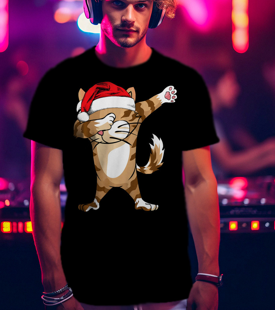 Santa Hat Dabbing Cat Christmas Holiday Fun T-Shirt