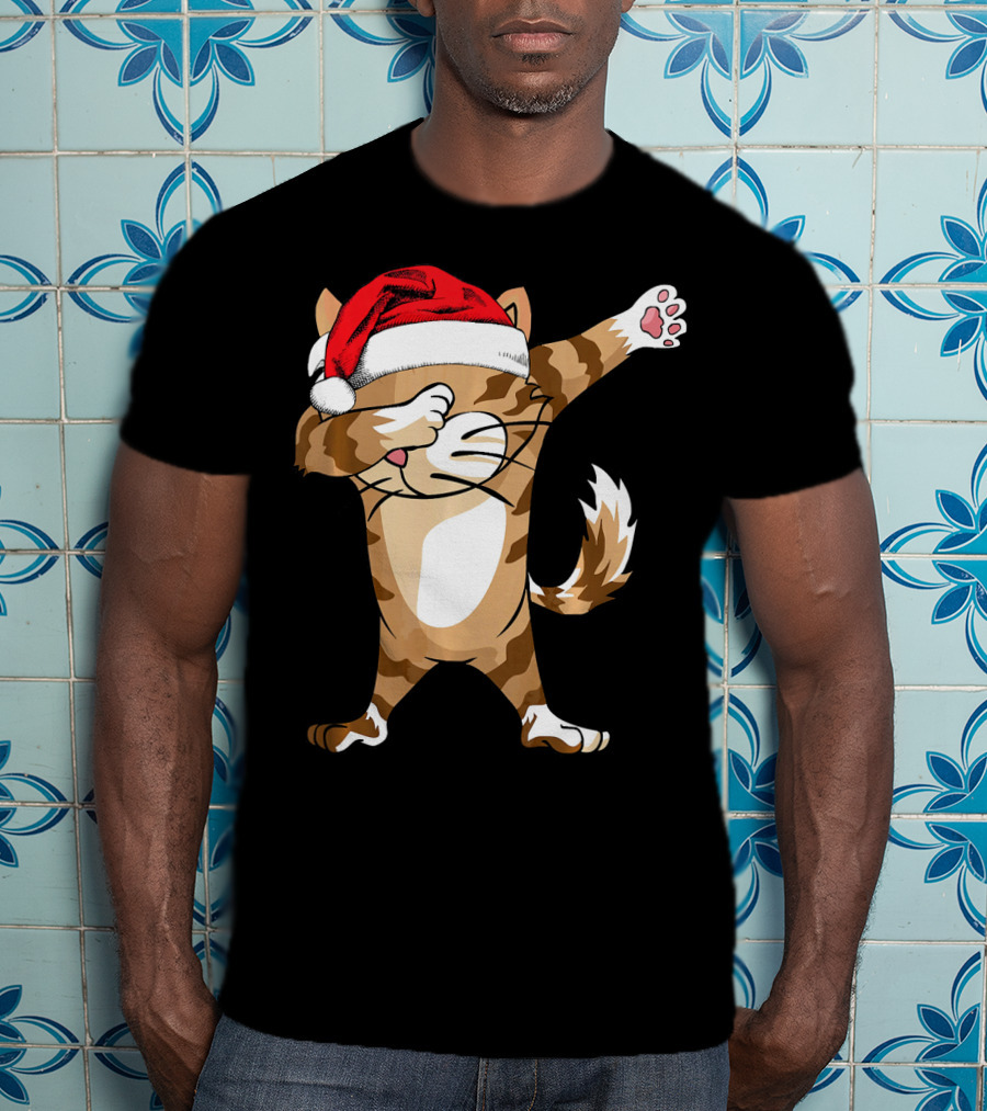 Santa Hat Dabbing Cat Christmas Holiday Fun T-Shirt