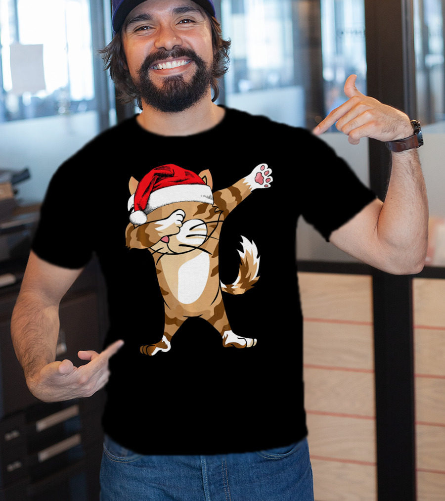 Santa Hat Dabbing Cat Christmas Holiday Fun T-Shirt