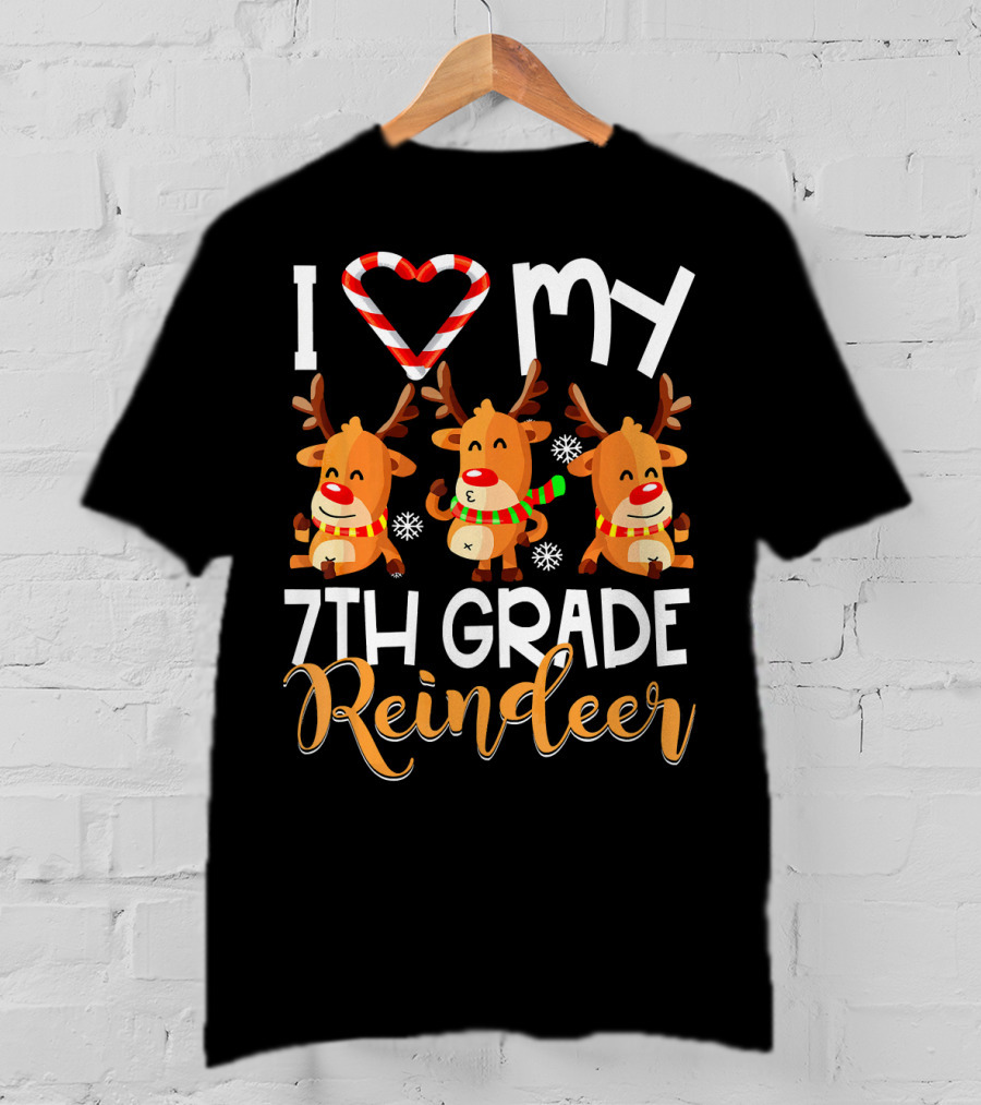 I Love My 7th Grade Reindeer Christmas Candy Cane Snowflakes T-Shirt