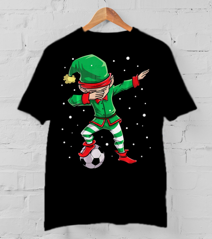 Christmas Soccer Dabbing Elf Kicking Ball In Snowy Scene T-Shirt