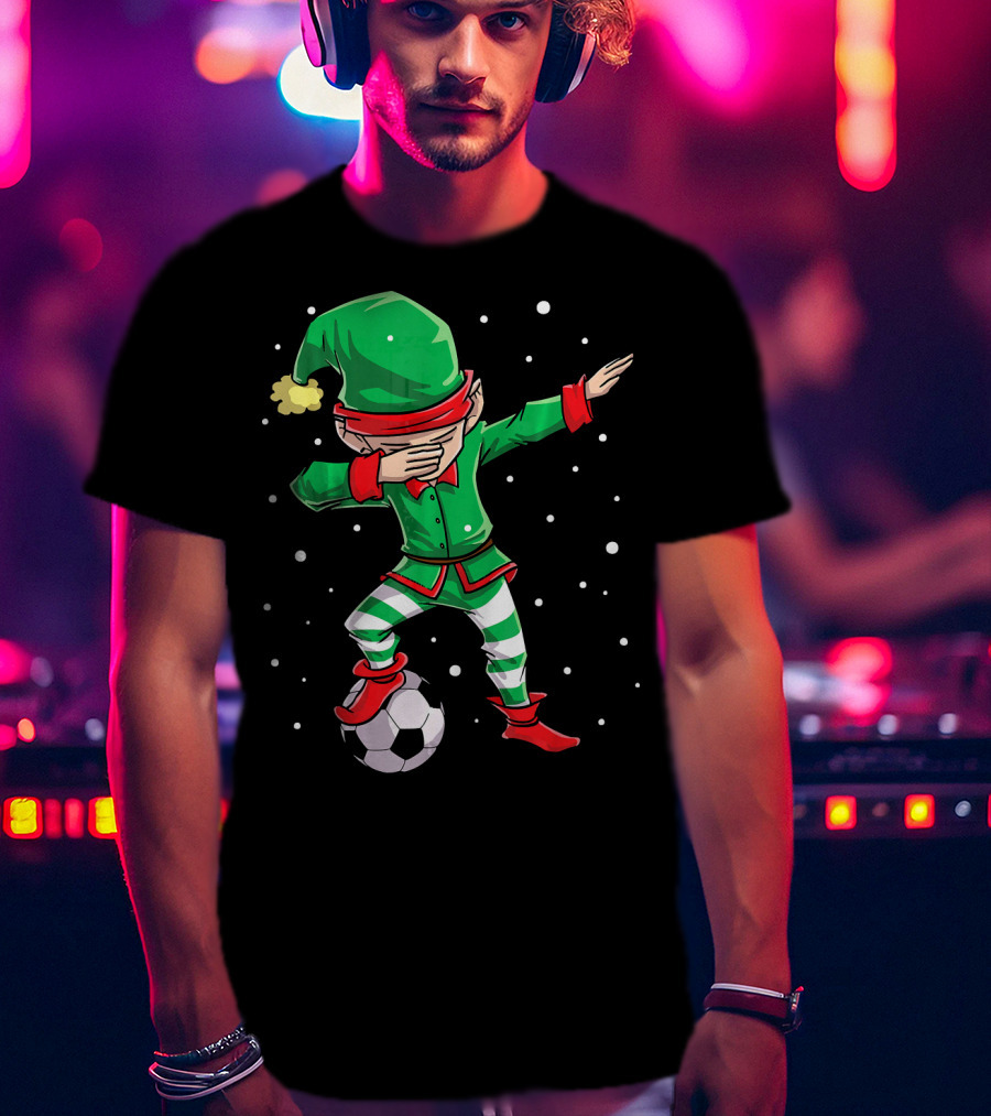 Christmas Soccer Dabbing Elf Kicking Ball In Snowy Scene T-Shirt