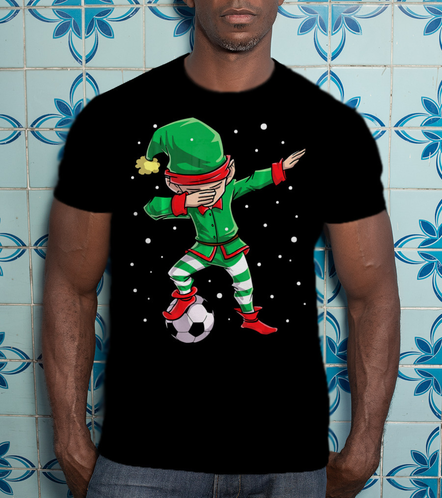 Christmas Soccer Dabbing Elf Kicking Ball In Snowy Scene T-Shirt