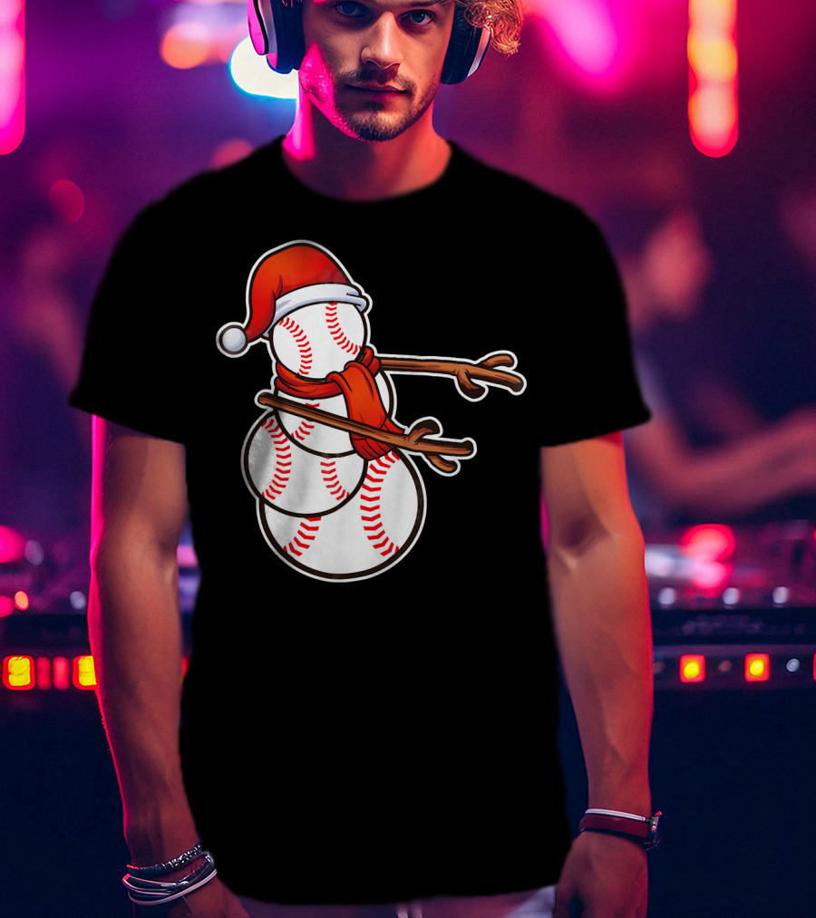 Santa Hat Snowman Made Of Baseballs Flossing T-Shirt