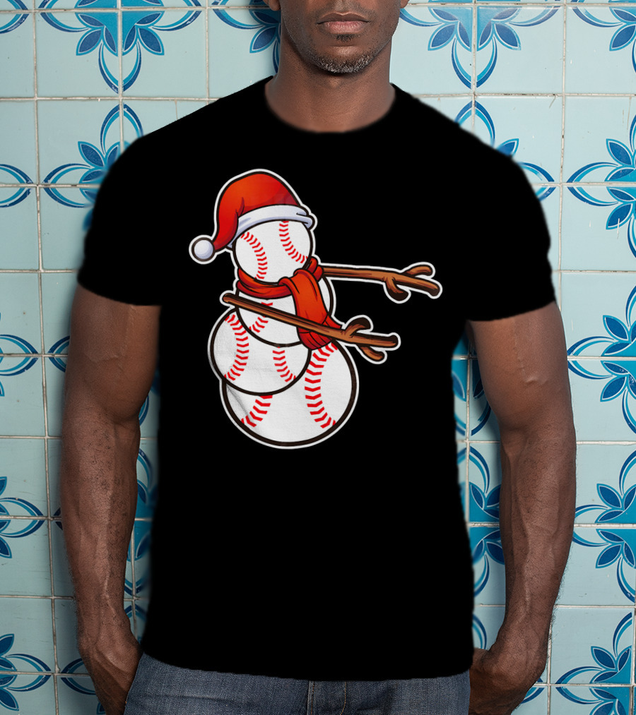 Santa Hat Snowman Made Of Baseballs Flossing T-Shirt