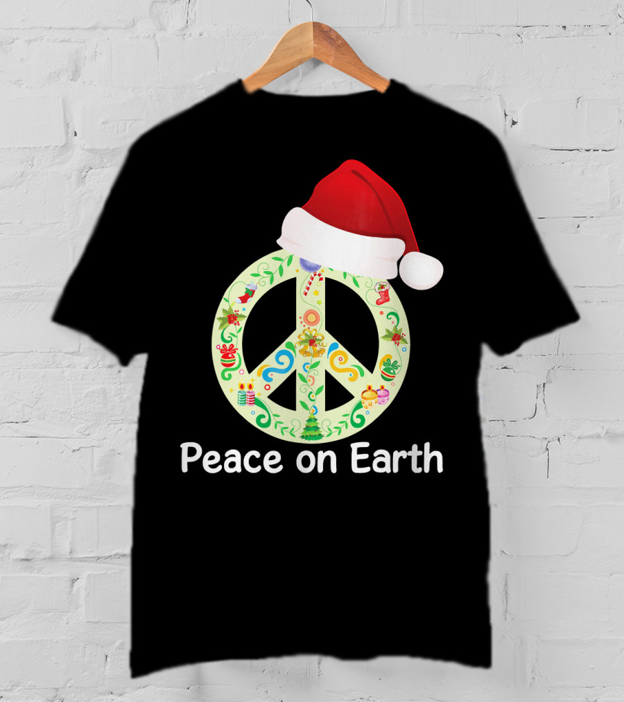 Peace On Earth Santa Hat Christmas Peace Sign T-Shirt