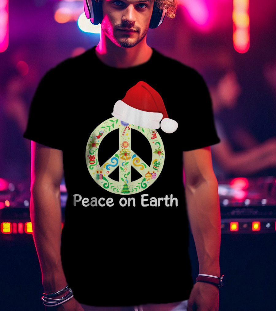 Peace On Earth Santa Hat Christmas Peace Sign T-Shirt