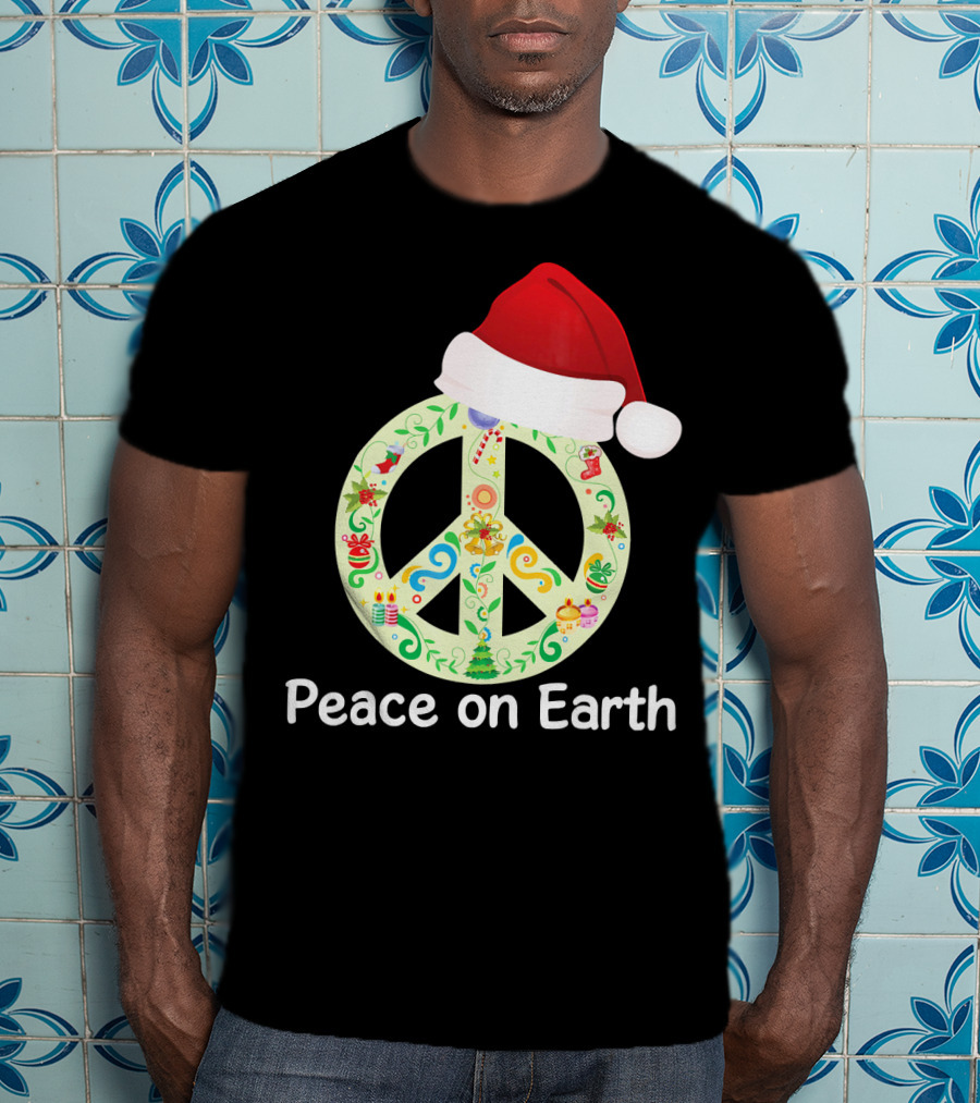 Peace On Earth Santa Hat Christmas Peace Sign T-Shirt