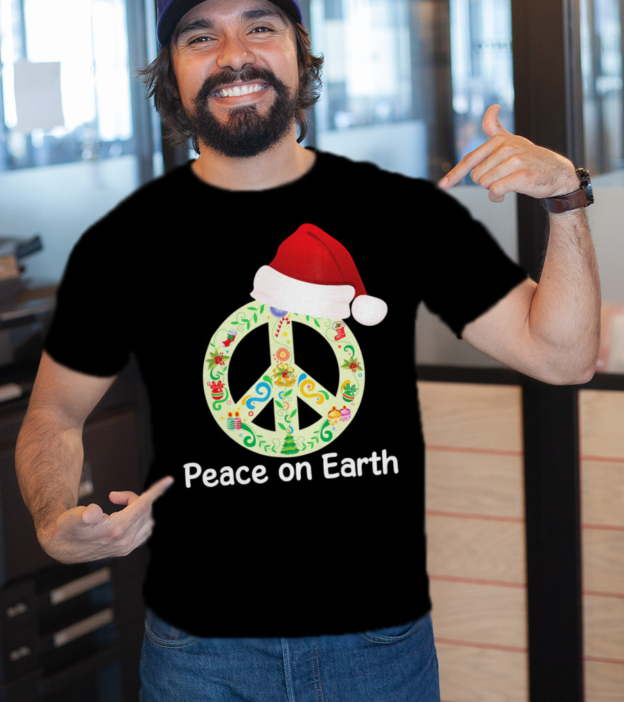 Peace On Earth Santa Hat Christmas Peace Sign T-Shirt