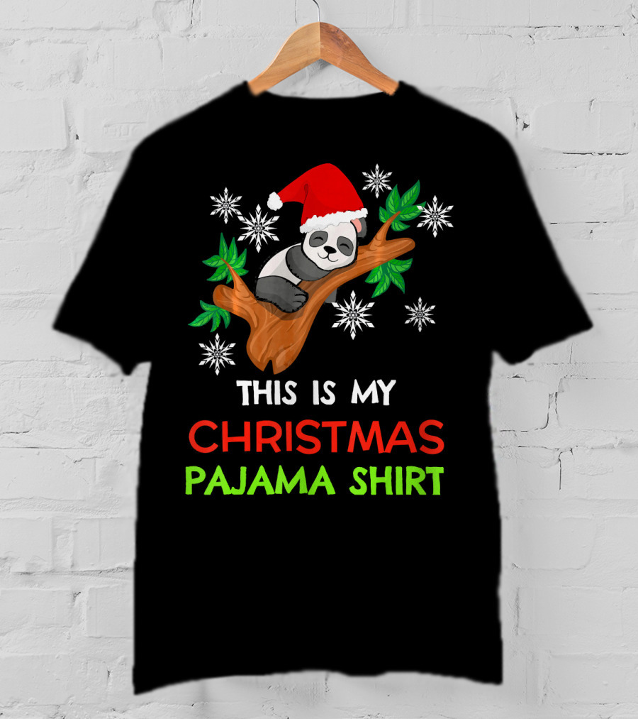 This Is My Christmas Pajama Shirt Panda Santa Hat Snowflakes T-Shirt