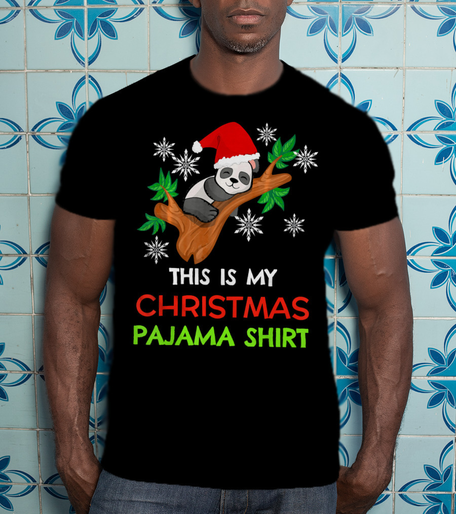 This Is My Christmas Pajama Shirt Panda Santa Hat Snowflakes T-Shirt