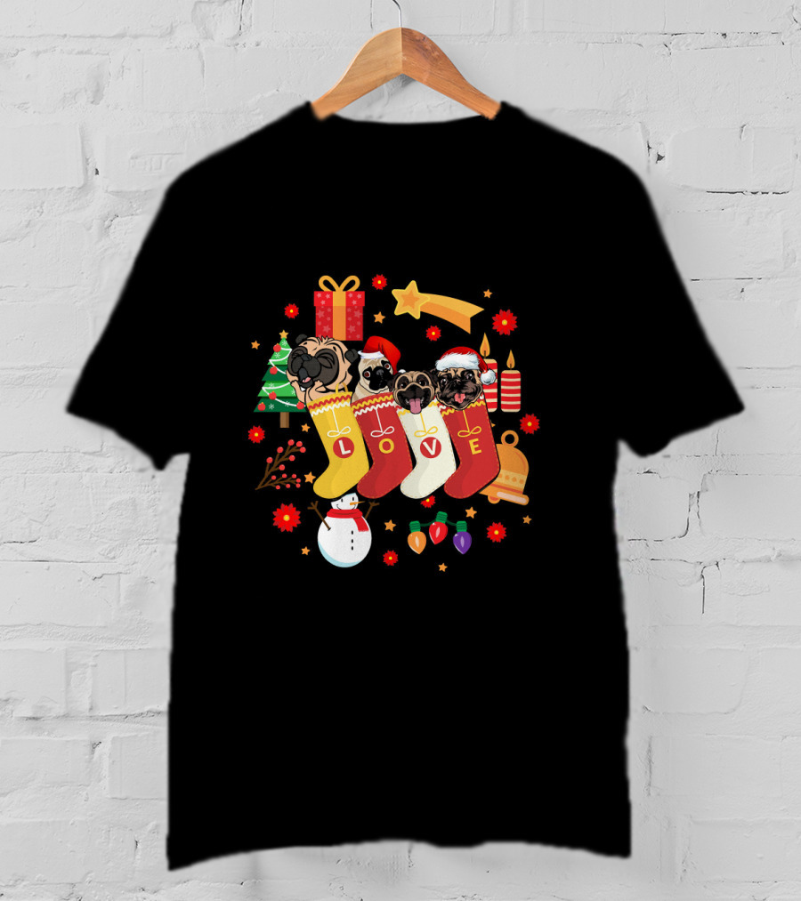 Funny Pugs Dog In Sock Love Christmas Stockings Holiday T-Shirt