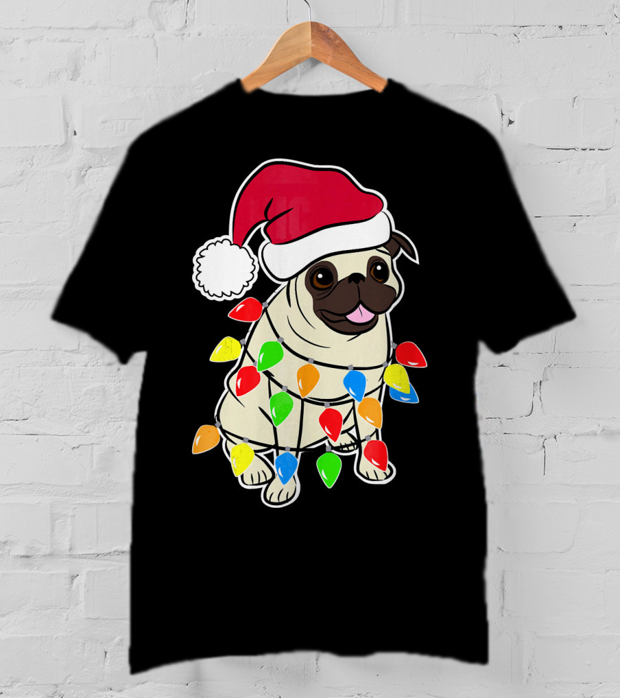 Christmas Pug Santa Pug With Festive Lights And Santa Hat T-Shirt