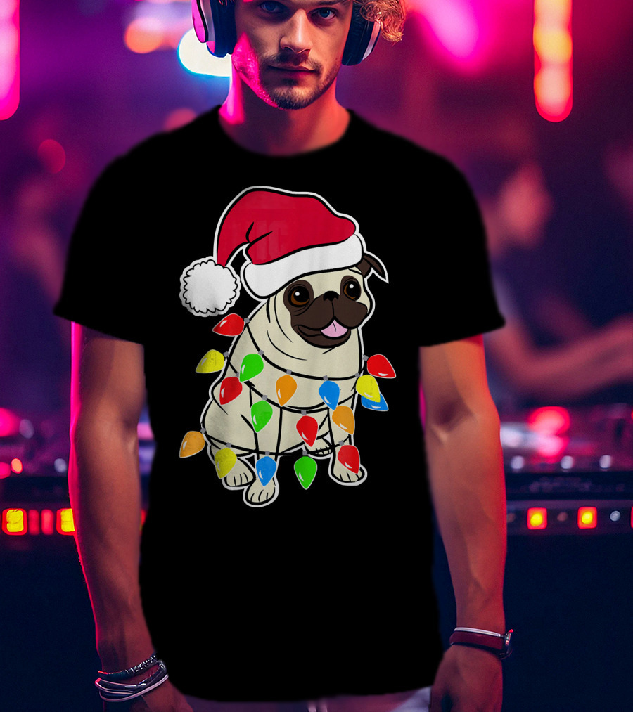 Christmas Pug Santa Pug With Festive Lights And Santa Hat T-Shirt