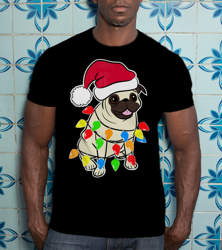Christmas Pug Santa Pug With Festive Lights And Santa Hat T-Shirt