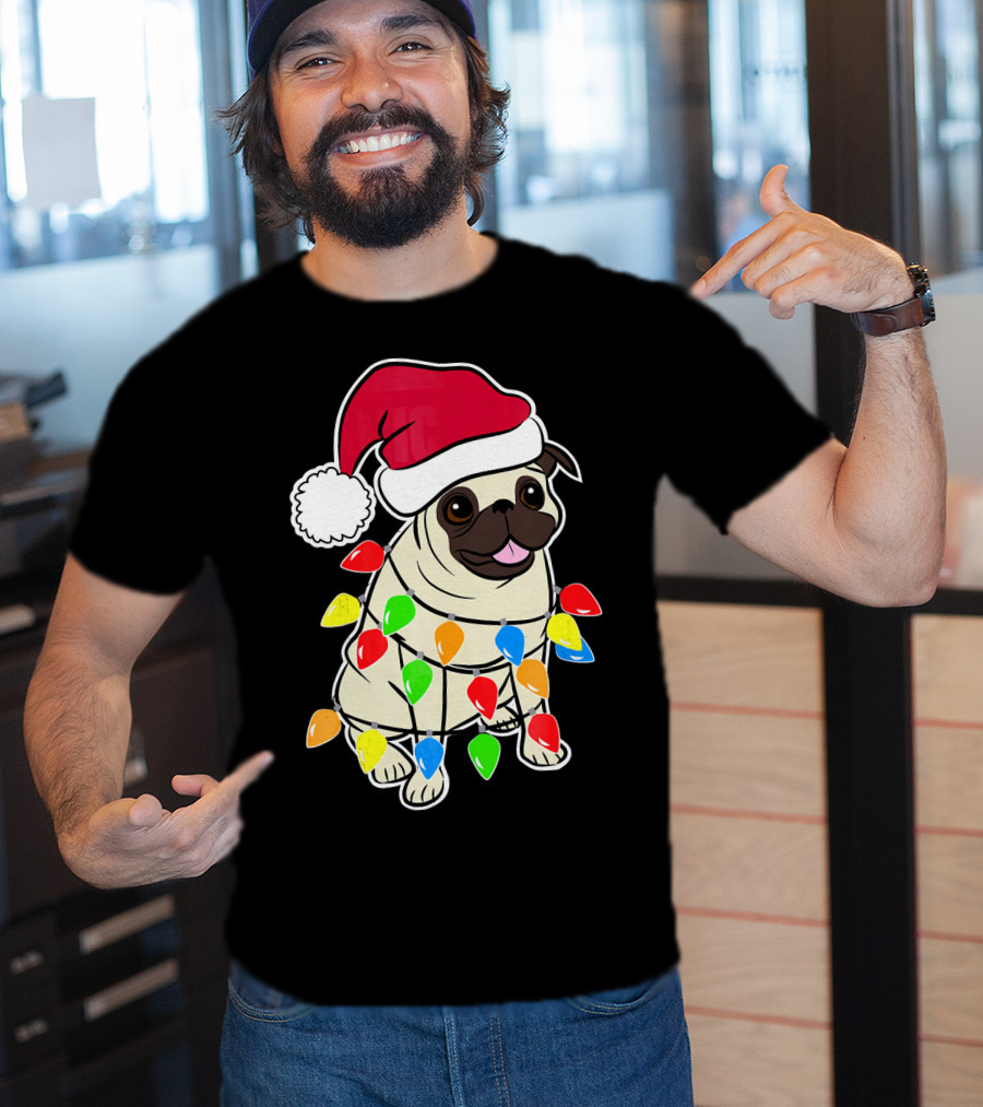 Christmas Pug Santa Pug With Festive Lights And Santa Hat T-Shirt
