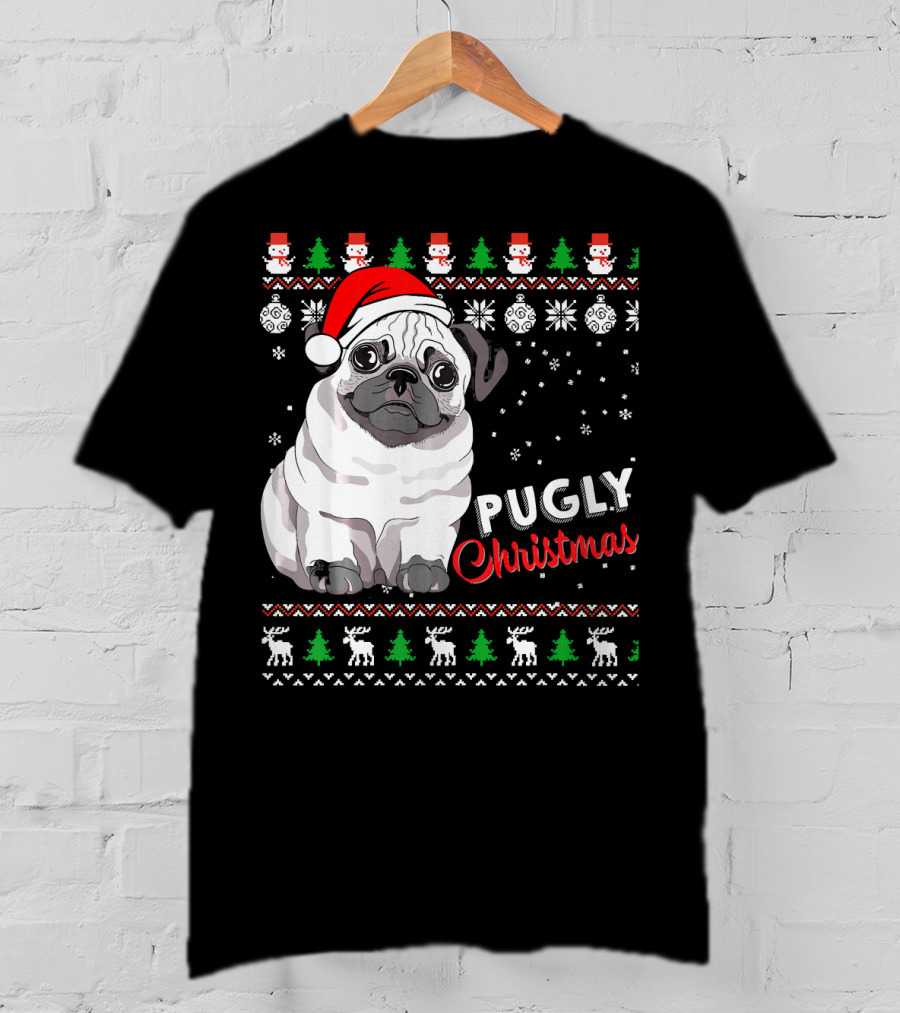 Pugly Christmas Santa Hat Snowflakes Ugly T-Shirt