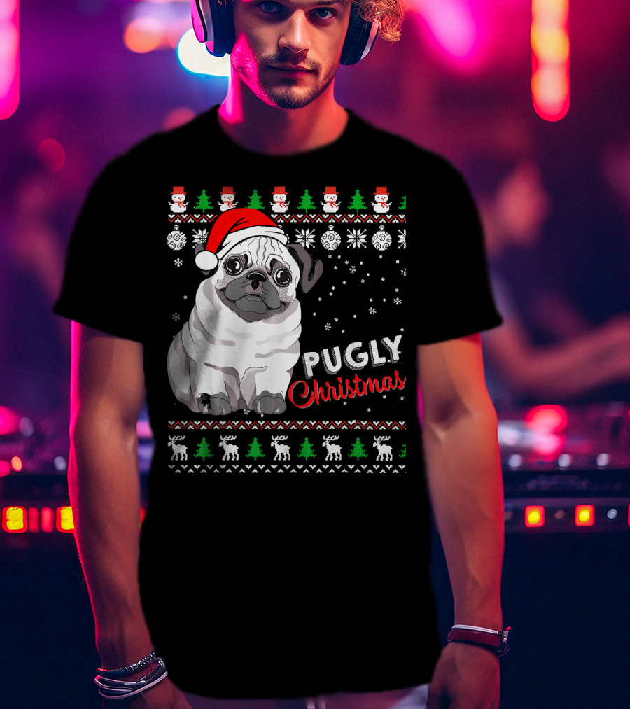Pugly Christmas Santa Hat Snowflakes Ugly T-Shirt