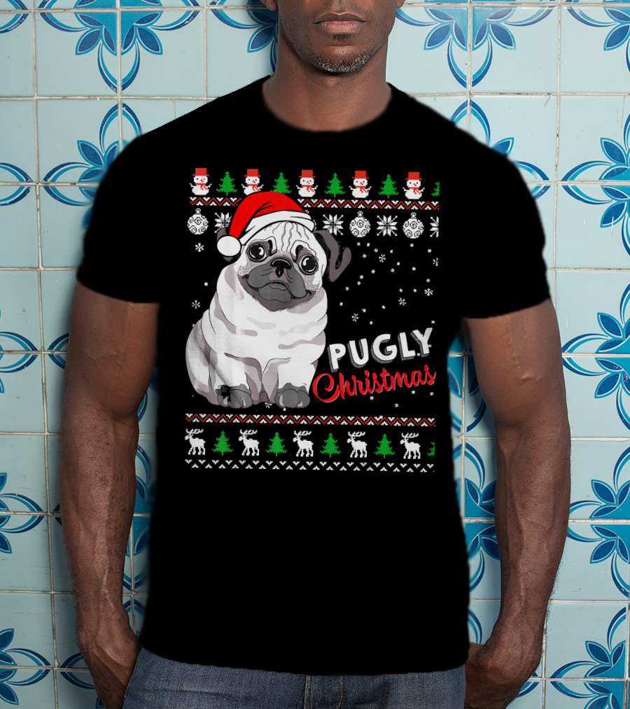 Pugly Christmas Santa Hat Snowflakes Ugly T-Shirt
